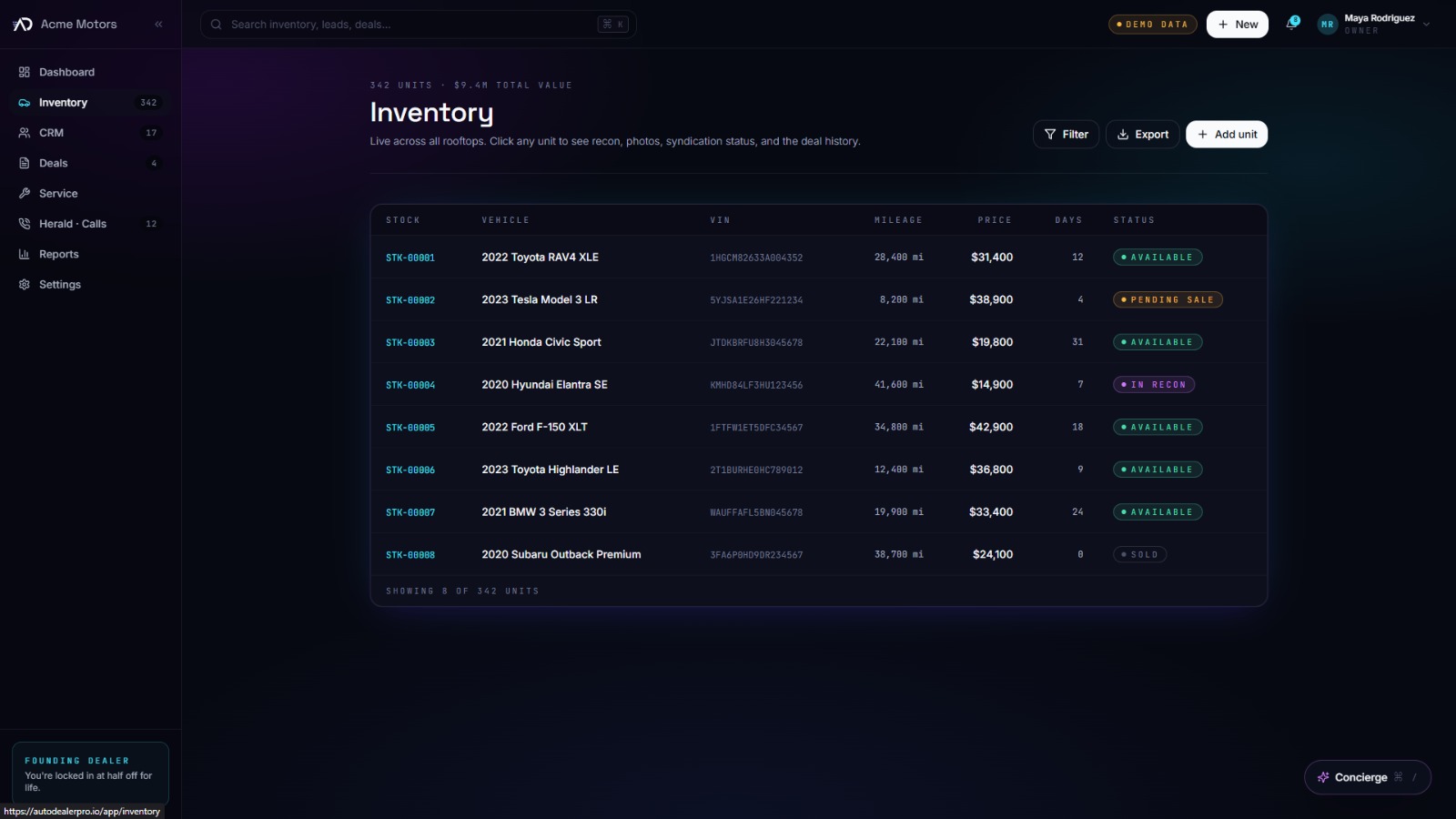 AutoDealerPro vehicle inventory workspace